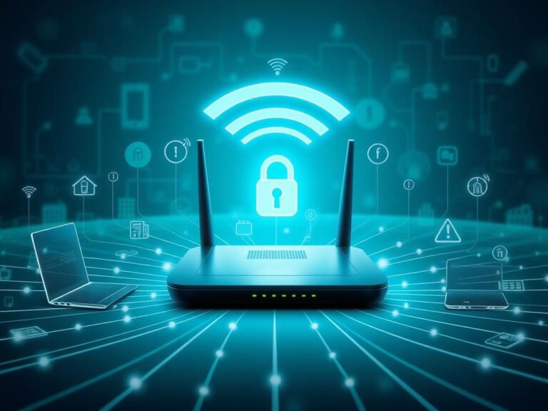 Flick International Artistic representation of a home Wi-Fi router surrounded by security symbols