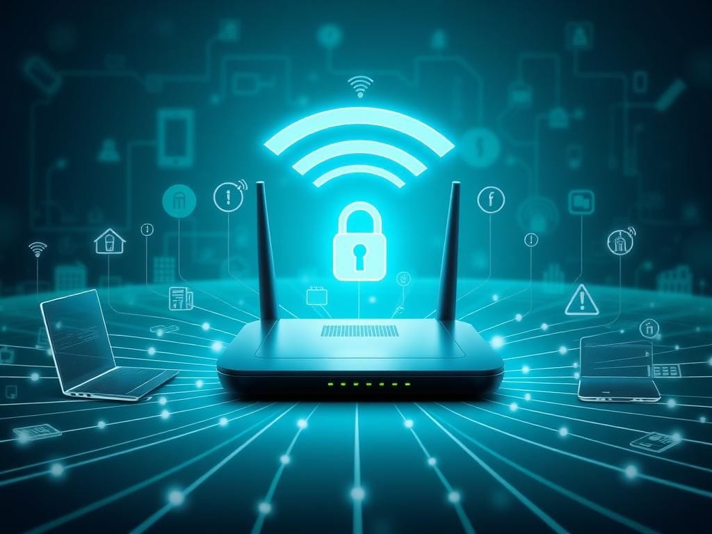 Flick International Artistic representation of a home Wi-Fi router surrounded by security symbols