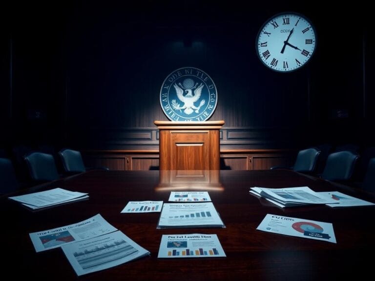 Flick International Dramatic scene in a dimly lit Senate chamber with an empty podium and scattered documents
