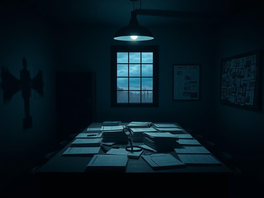 Flick International Dimly lit police interrogation room with case files and dramatic shadows