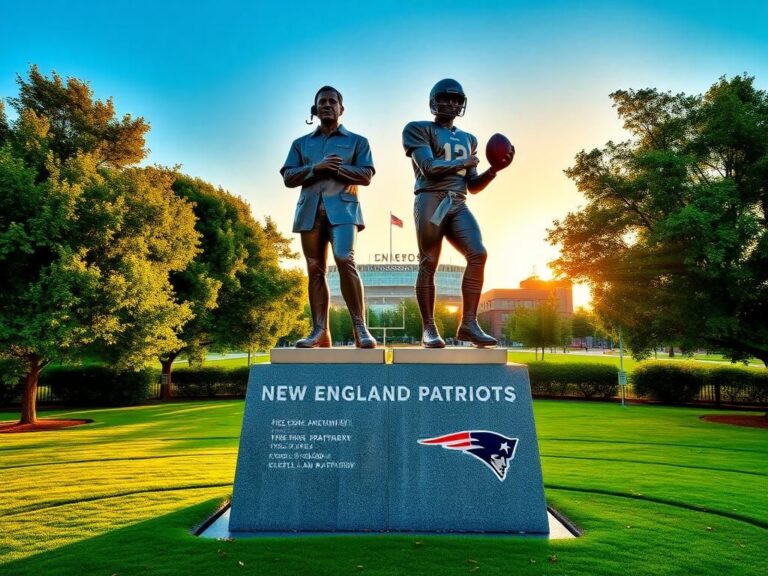 Flick International A statue of Bill Belichick next to Tom Brady in a park setting