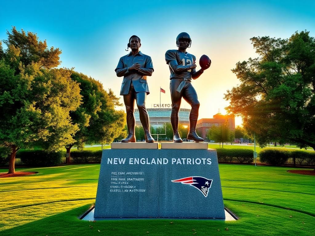 Flick International A statue of Bill Belichick next to Tom Brady in a park setting