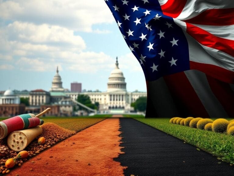 Flick International A stylized representation of an American flag entwined with cultural symbols and a blurred cityscape in the background
