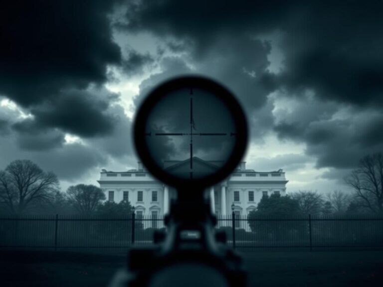 Flick International Abstract representation of a sniper rifle's scope superimposed over the White House, symbolizing national security.