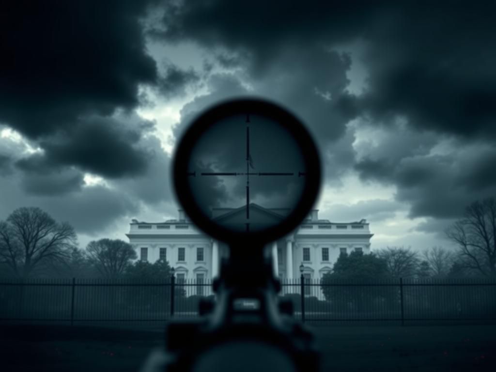 Flick International Abstract representation of a sniper rifle's scope superimposed over the White House, symbolizing national security.