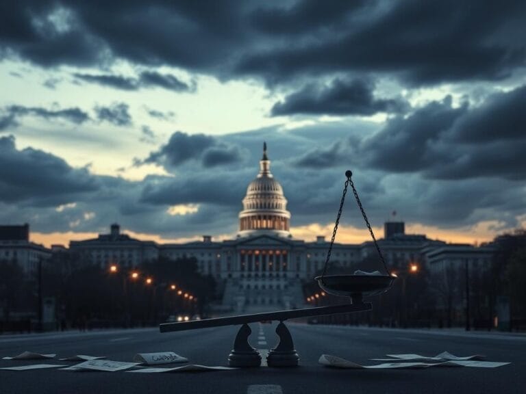 Flick International A powerful cityscape of Washington D.C. at dusk with the Capitol building and a cracked balance scale symbolizing bail reform