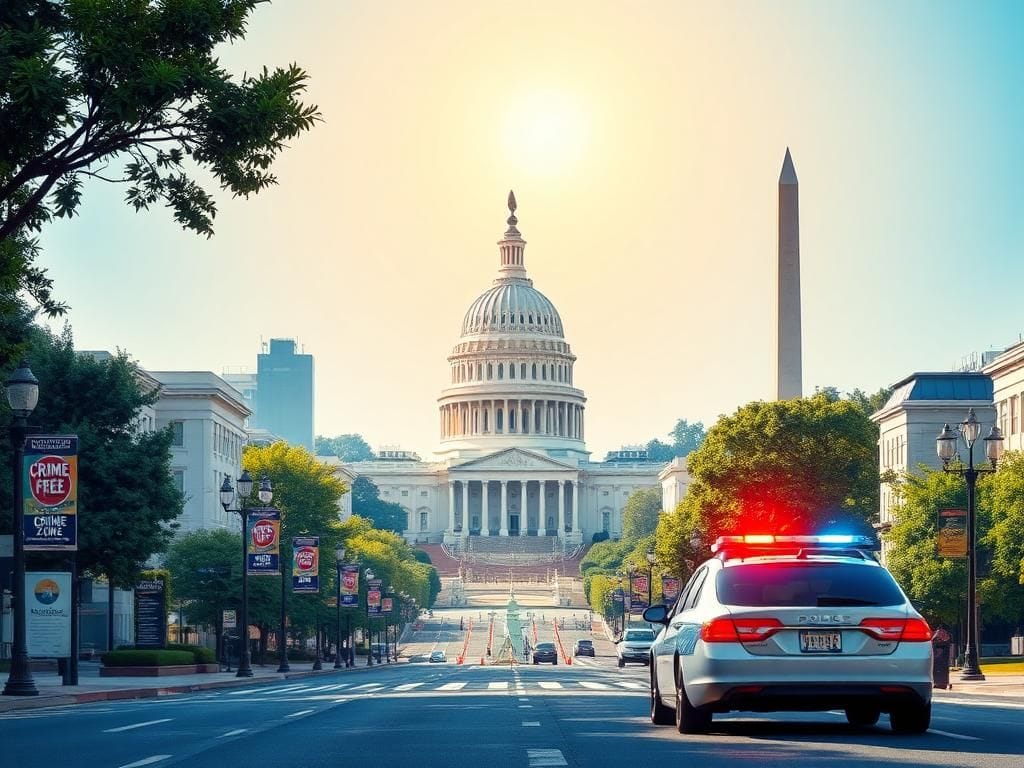 Flick International A police car parked in a clean, vibrant Washington, D.C. landscape under a clear sky, symbolizing safety and law enforcement.