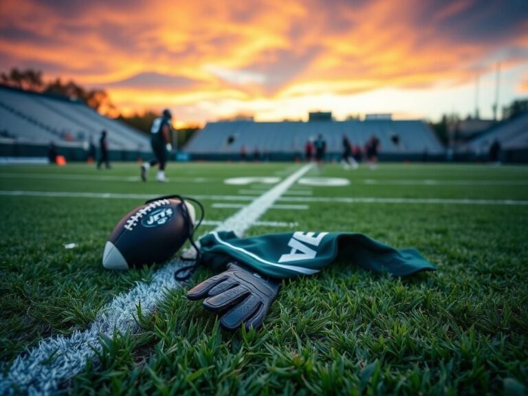 Flick International Dynamic scene of a New York Jets practice field with a focus on football gloves and a torn jersey symbolizing injury