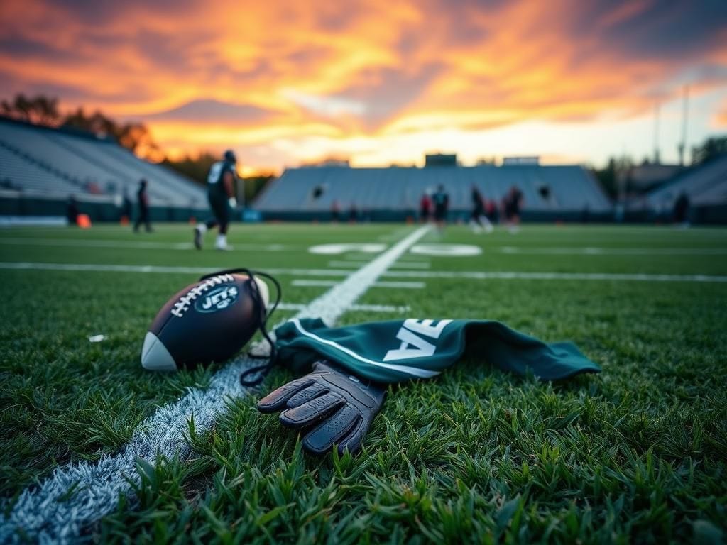 Flick International Dynamic scene of a New York Jets practice field with a focus on football gloves and a torn jersey symbolizing injury