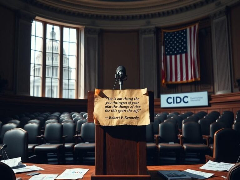 Flick International A Senate hearing room with empty chairs and a prominent wooden podium featuring a vintage microphone.