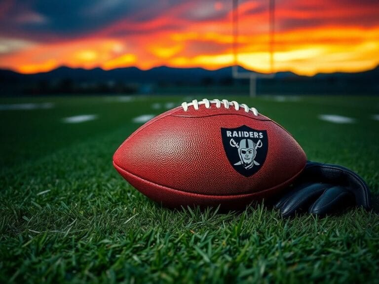 Flick International Close-up of a football on a green NFL field with Raiders colors in the background