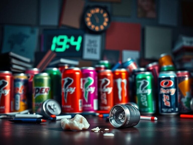 Flick International Darkened table cluttered with colorful energy drink cans and school items, symbolizing youth health concerns.