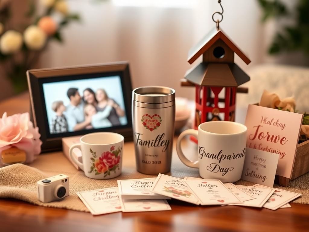 Flick International Warm still-life scene featuring thoughtful Grandparents Day gifts including a digital photo frame, personalized tumbler, and conversation cards.