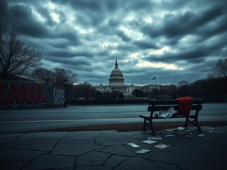 Flick International A darkened urban landscape in Washington, D.C. showcasing iconic landmarks like the Capitol and the White House, reflecting unrest and defiance.