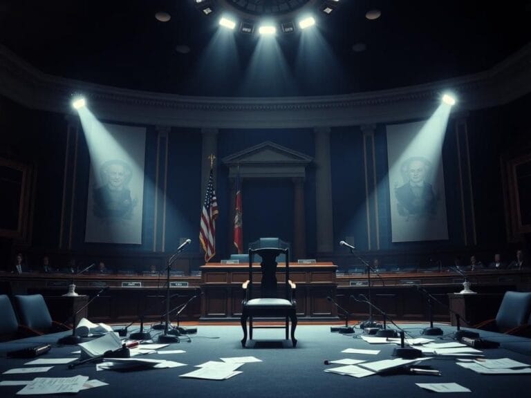 Flick International Empty Senate hearing room with scattered papers and microphones