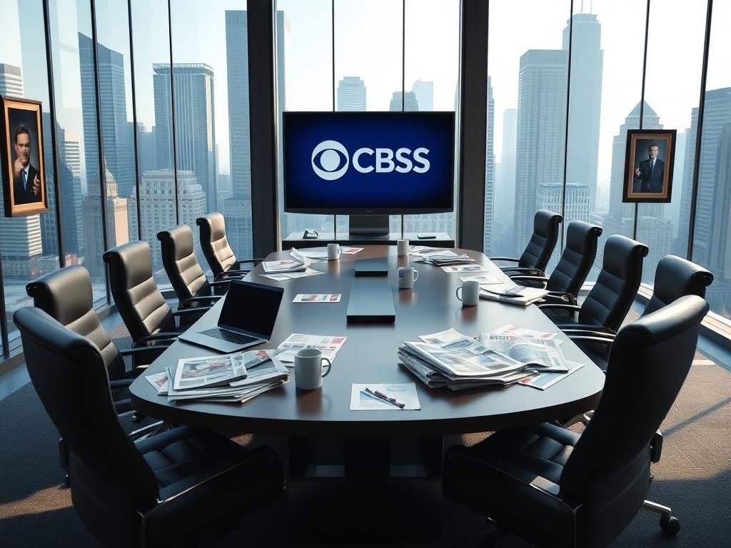 Flick International Editorial office scene symbolizing CBS News with a large empty conference table surrounded by high-backed chairs