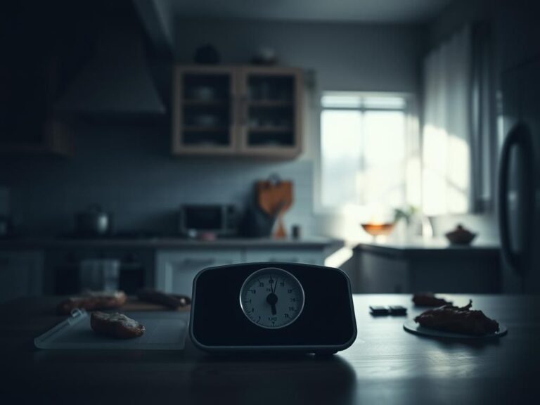 Flick International A dramatic weight scale showing significant weight loss in a dimly lit kitchen setting
