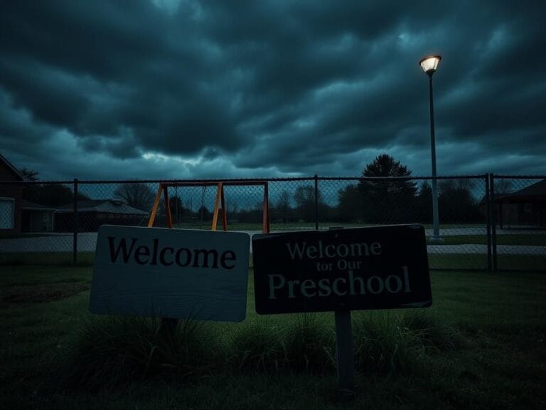 Flick International Dark stormy sky over a deserted preschool playground with colorful equipment