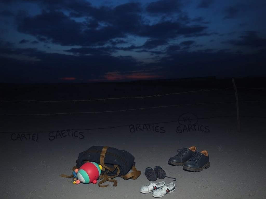Flick International A dark, foreboding landscape at dusk showing a barren border crossing area with barbed wire and personal belongings symbolizing the plight of migrants