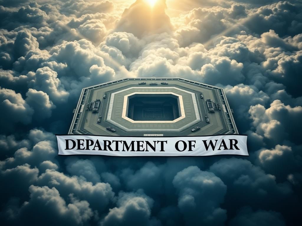 Flick International Aerial view of the Pentagon with 'Department of War' banner