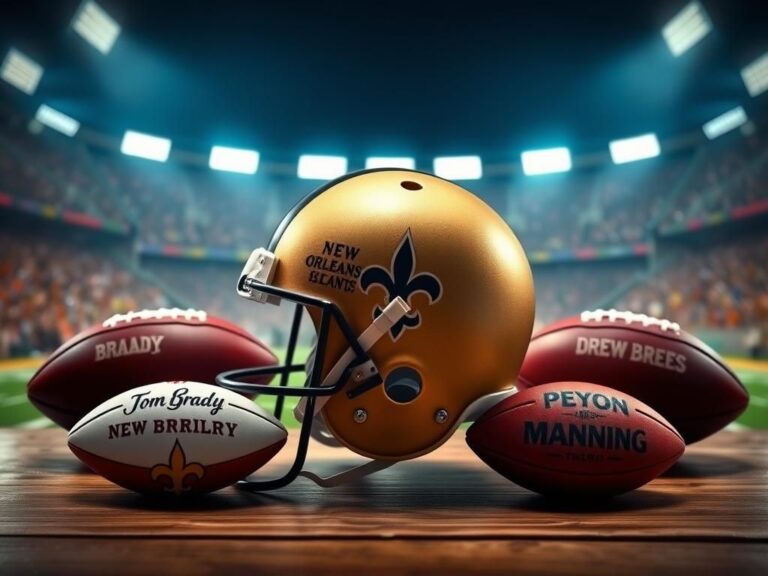 Flick International Vintage New Orleans Saints helmet on a wooden table with footballs representing legendary quarterbacks in a vibrant stadium setting