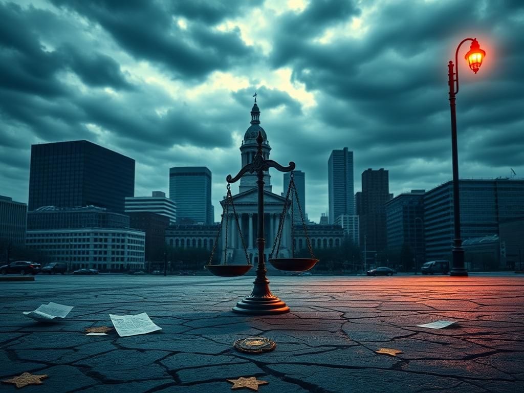 Flick International Dramatic urban landscape of Boston with a focus on government buildings like City Hall and a large scale of justice.