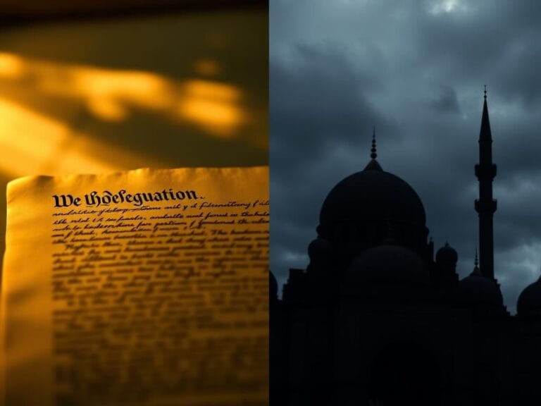 Flick International Split image contrasting the U.S. Constitution with an Iranian mosque, representing democracy and theocracy.