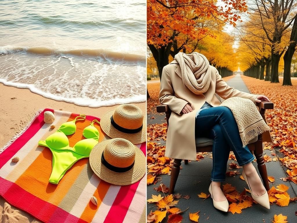 Flick International A vibrant beach scene showcasing a transition from summer to fall with a neon green bikini, sun hat, and colorful beach towel on one side, and autumn leaves, a trench coat, and stylish shoes on the other side.