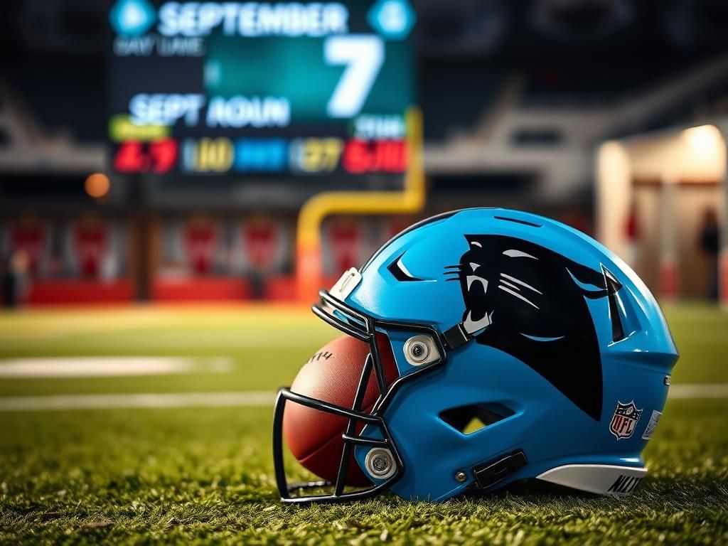 Flick International Close-up of a Carolina Panthers helmet on a football field, with team colors and a blurred scoreboard in the background.