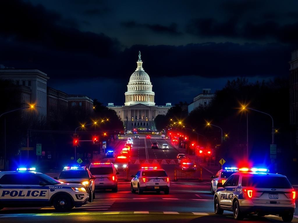 Flick International A nighttime view of a city street in Washington, D.C. with police vehicles and the Capitol Building in the background.