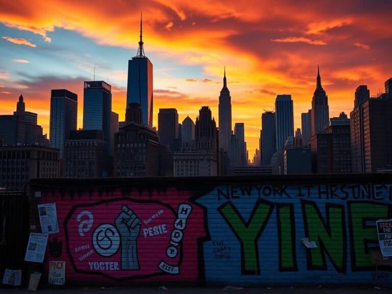 Flick International Dramatic urban landscape of New York City at dusk with socialist mural and vibrant sunset