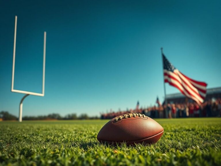 Flick International Dramatic scene of a football field with an American flag and a leather football symbolizing NFL legacy and political themes