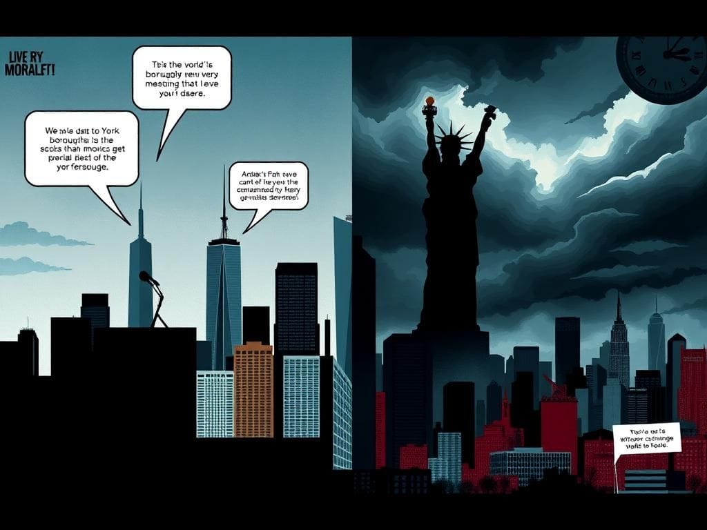 Flick International A dramatic split scene of New York City's five boroughs featuring a debate podium and the Statue of Liberty