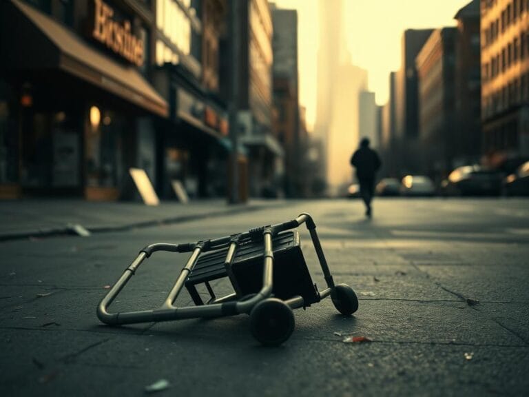 Flick International An abandoned walker on a deserted street in Harlem symbolizing vulnerability and loss amidst urban chaos