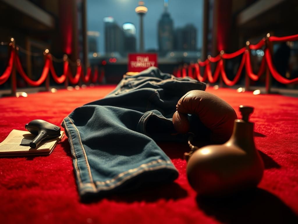 Flick International Close-up of crumpled American Eagle jeans on red carpet with Toronto skyline in the background