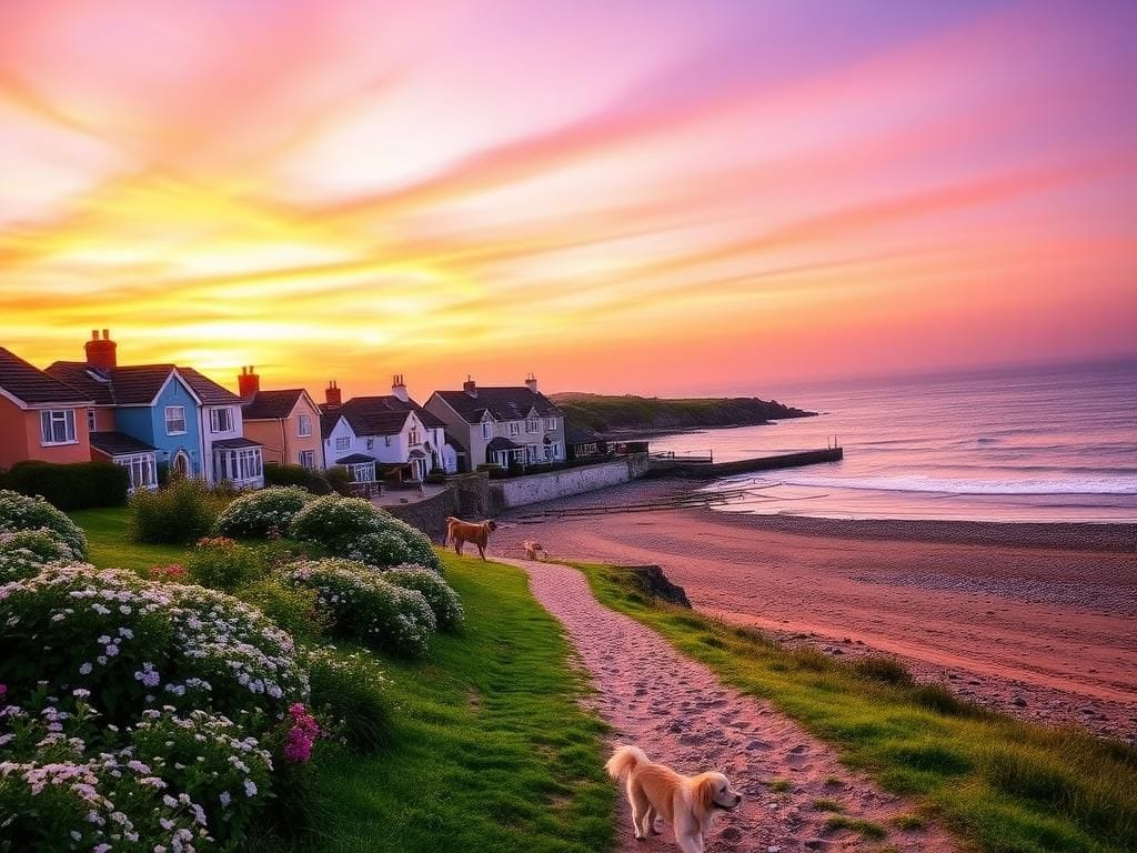 Flick International Serene coastal scene of an English seaside village at dusk with colorful cottages and beach