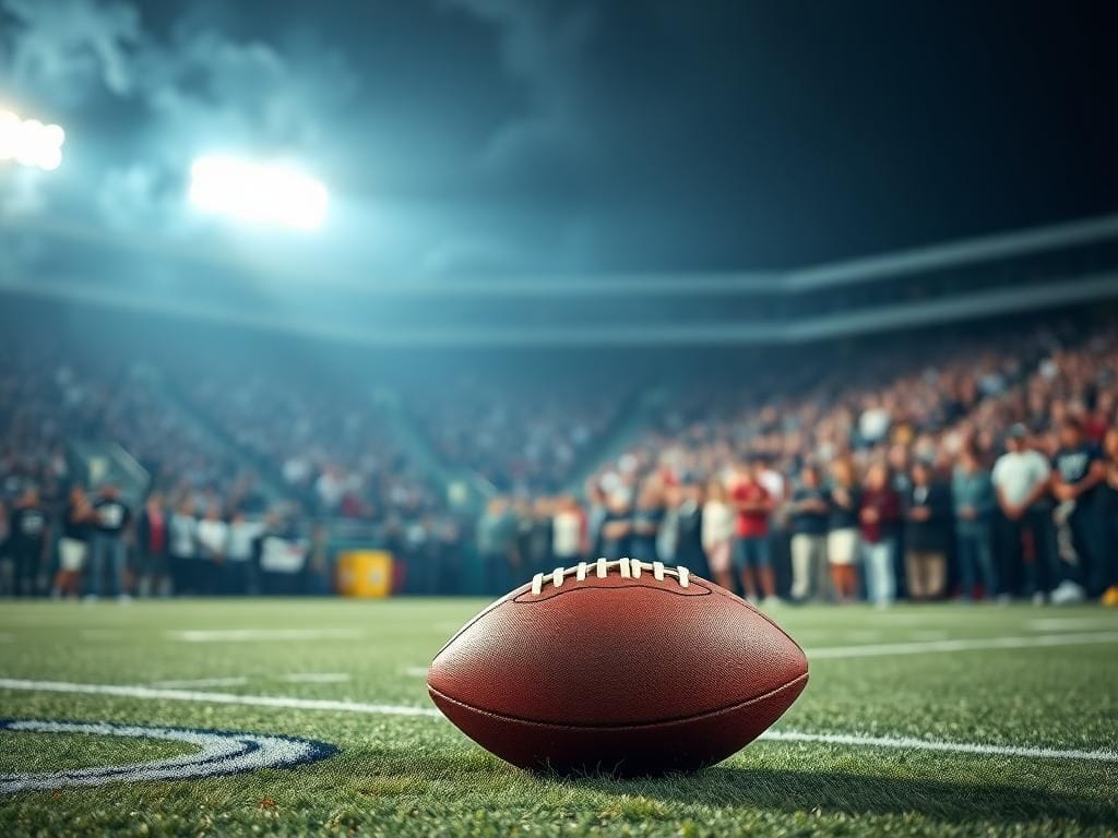 Flick International Dramatic NFL football field with a close-up of a scuffed football, representing Eagles vs. Cowboys rivalry