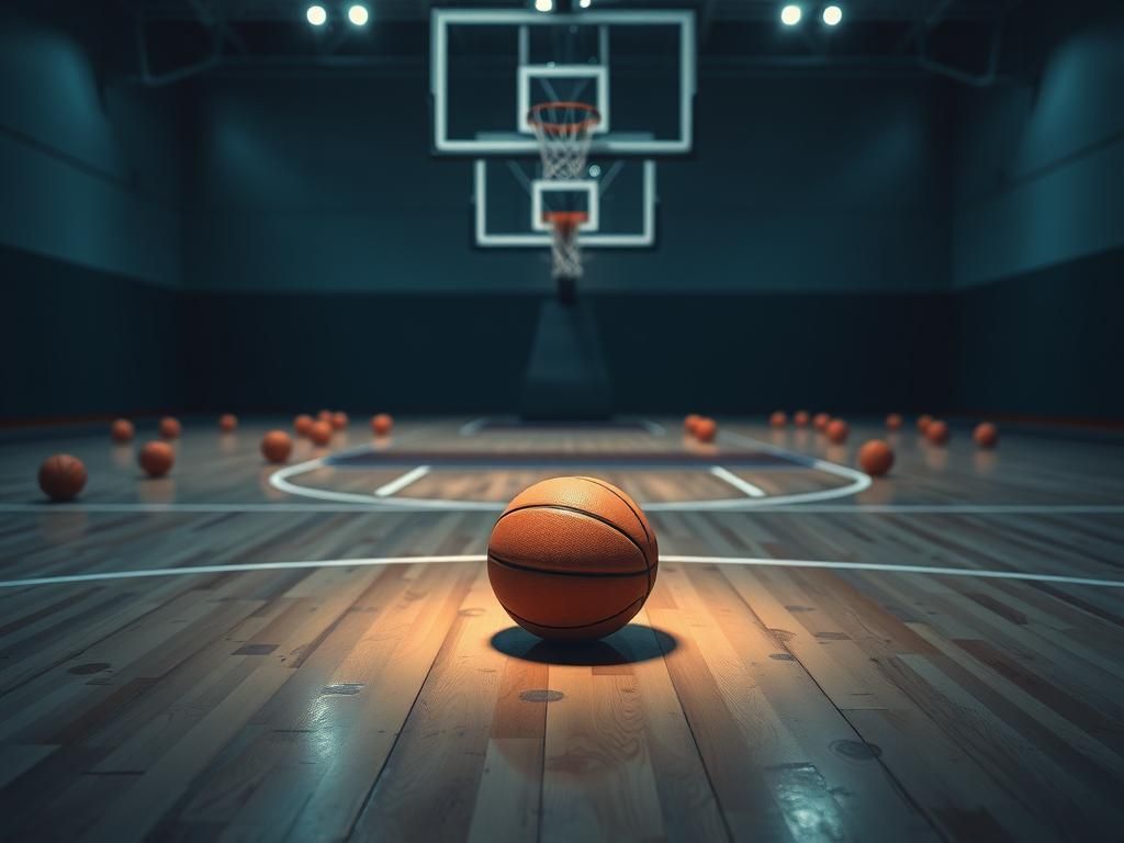 Flick International A dimly lit basketball court symbolizing Caitlin Clark's absence from the season