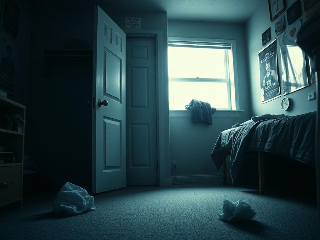 Flick International dimly lit college dorm room with closet door slightly ajar, suggesting a tragic discovery