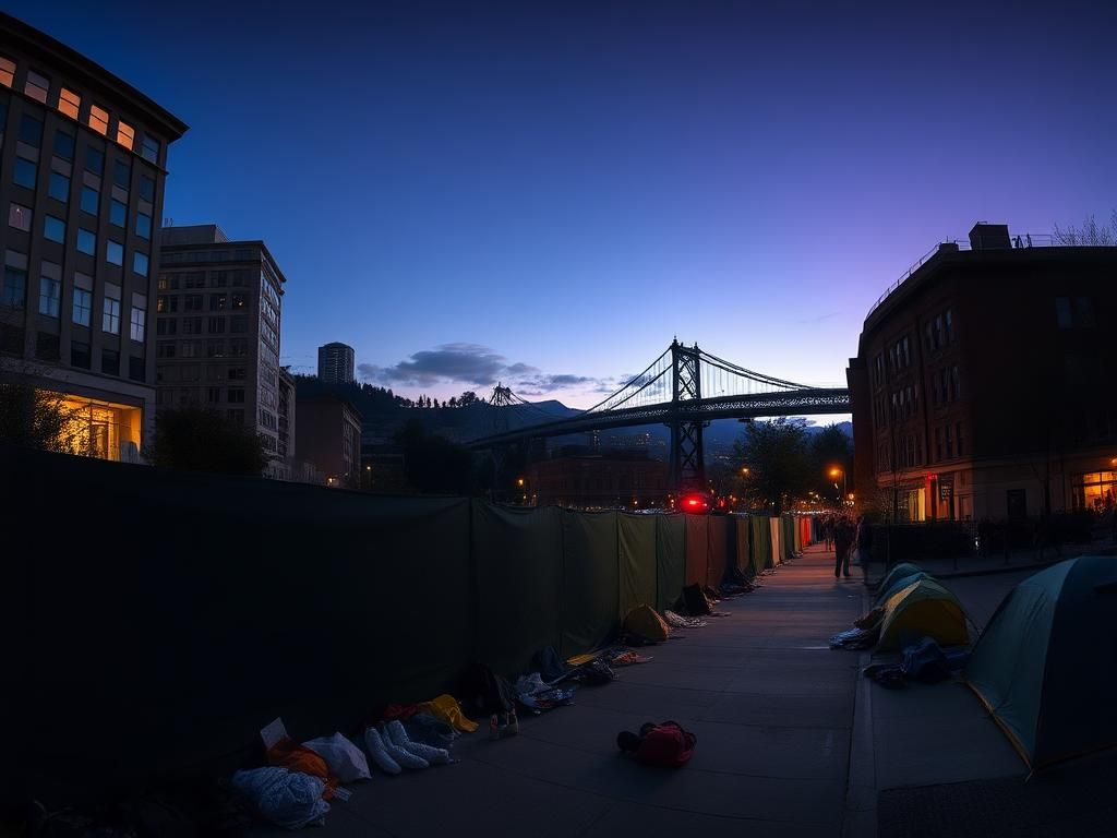Flick International Panoramic view of a Portland street scene at twilight illustrating the homelessness crisis with tents and a protective barrier.
