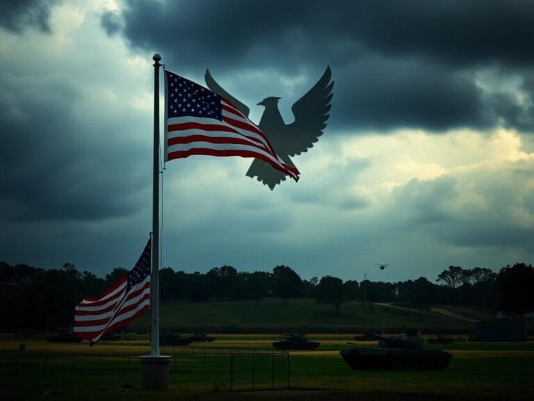 Flick International Dramatic military landscape at Fort Benning, featuring American flag and U.S. Army insignia