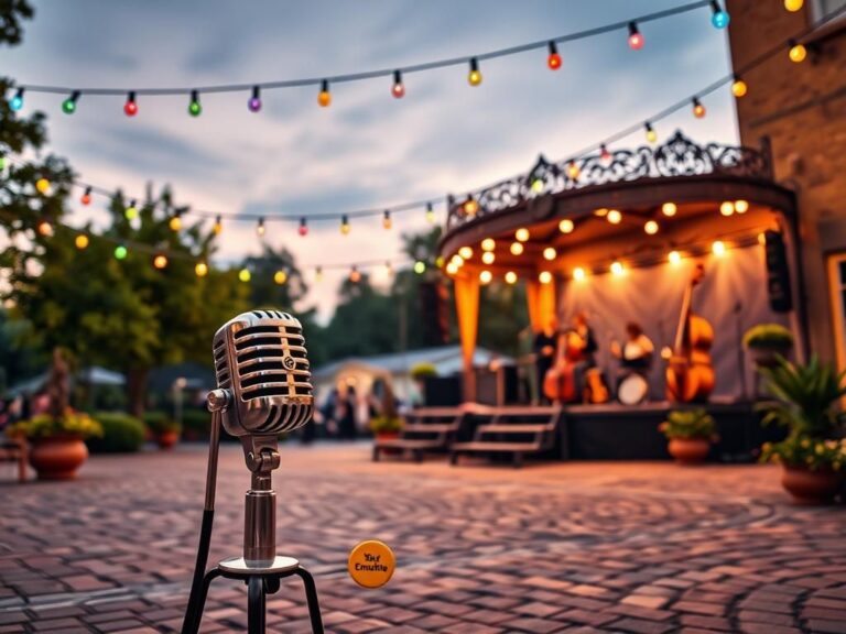 Flick International Vintage jazz festival scene with a polished microphone and Gaza hostage pin