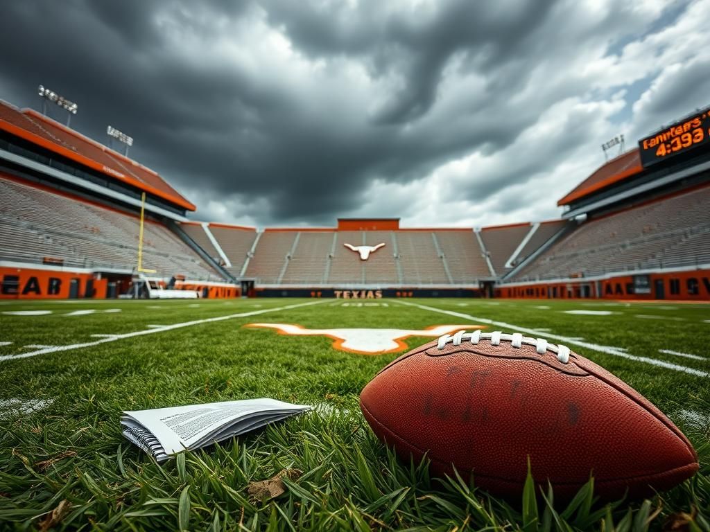 Flick International Close-up view of a Texas Longhorns football stadium under dark storm clouds with empty bleachers