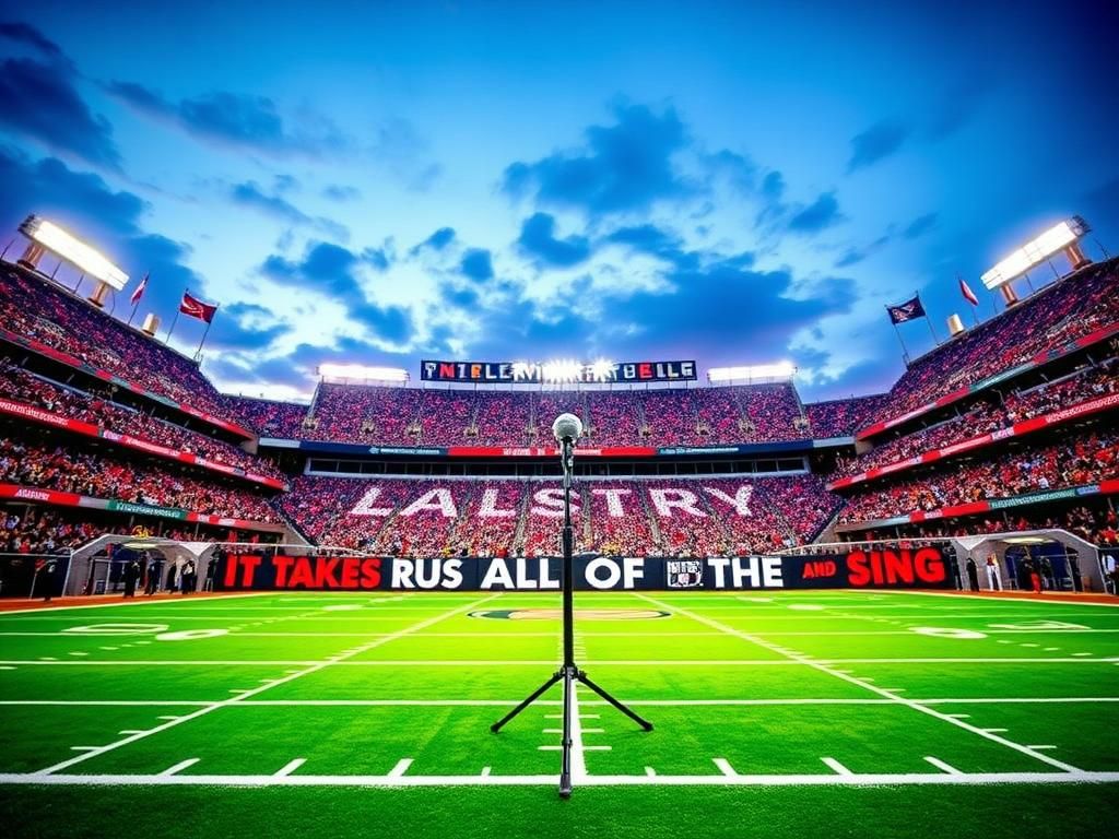 Flick International A vibrant scene at Lincoln Financial Field with flags and banners symbolizing unity before the Black national anthem performance.