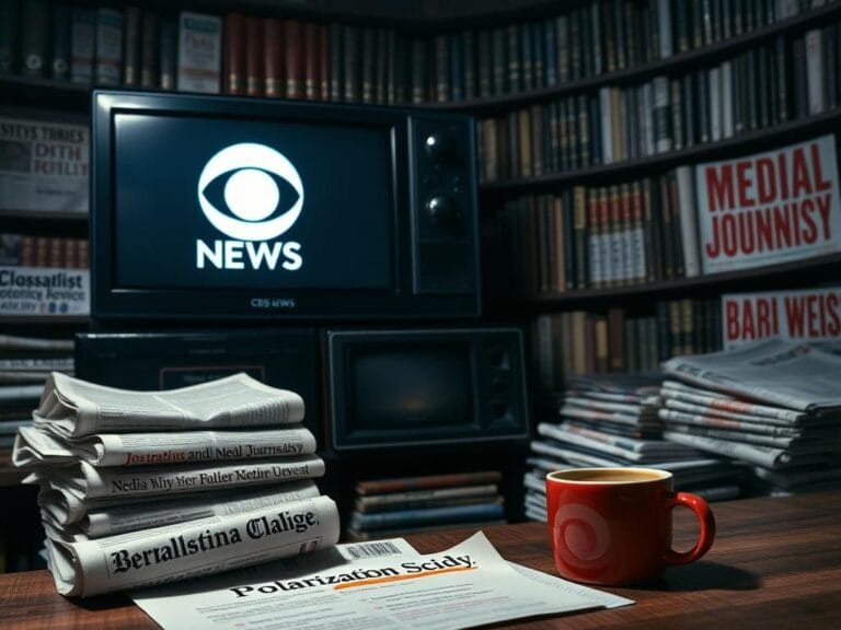 Flick International Dramatic newsroom setting with CBS News logo on old television