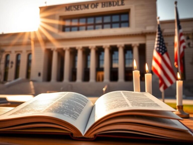 Flick International A serene view of the Museum of the Bible in Washington, D.C., showing its majestic façade and open books symbolizing education.