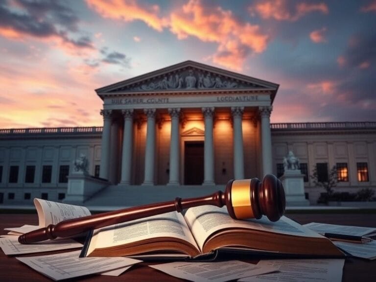 Flick International Artistic representation of the U.S. Supreme Court building at dusk with a gavel and legal documents in the foreground