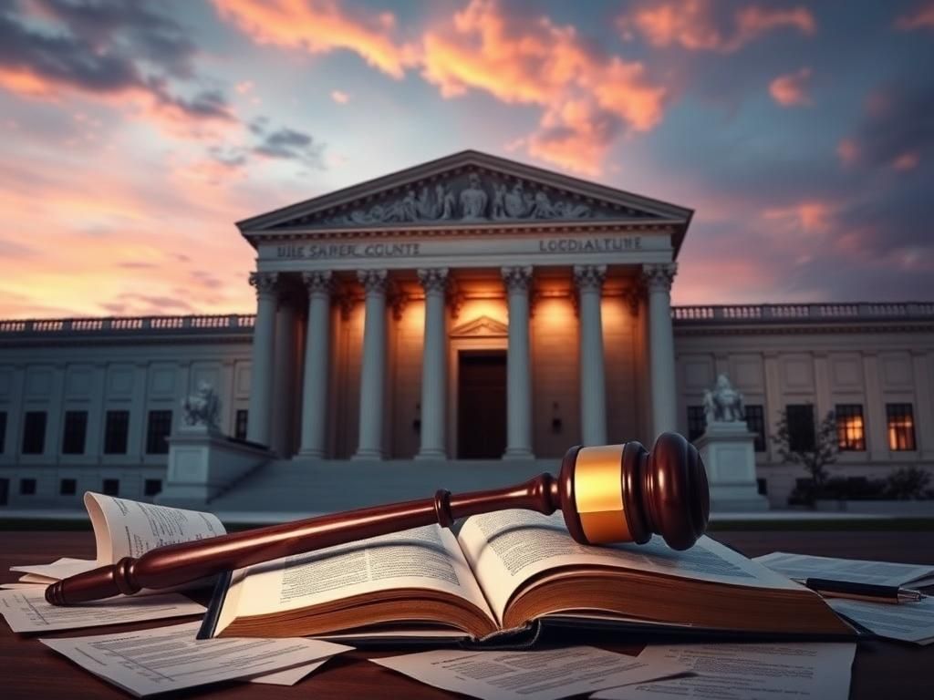 Flick International Artistic representation of the U.S. Supreme Court building at dusk with a gavel and legal documents in the foreground