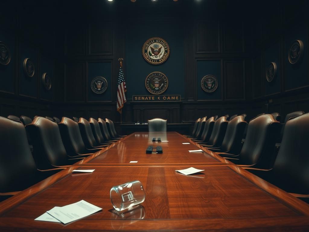 Flick International A tense Senate hearing room with a polished wooden table and empty high-backed chairs