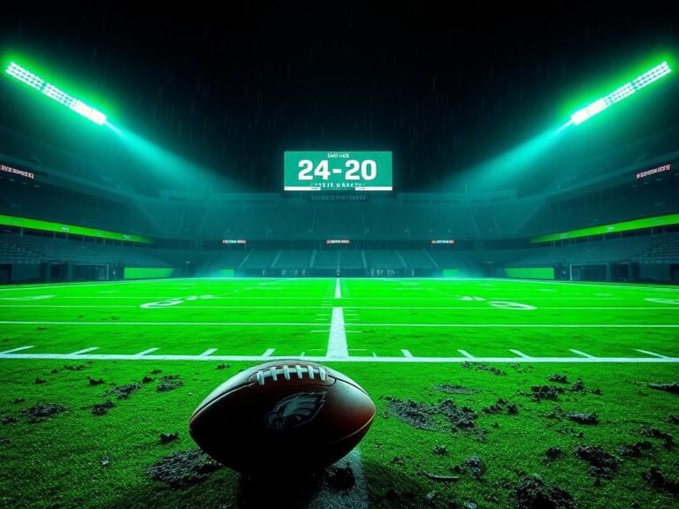 Flick International A football field with vibrant green lights after an NFL game, showing a muddy football on the 50-yard line
